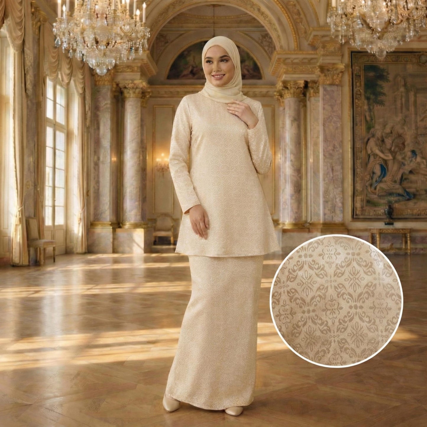 Amara Dolly Princess Satin Songket Embossed (Cream)