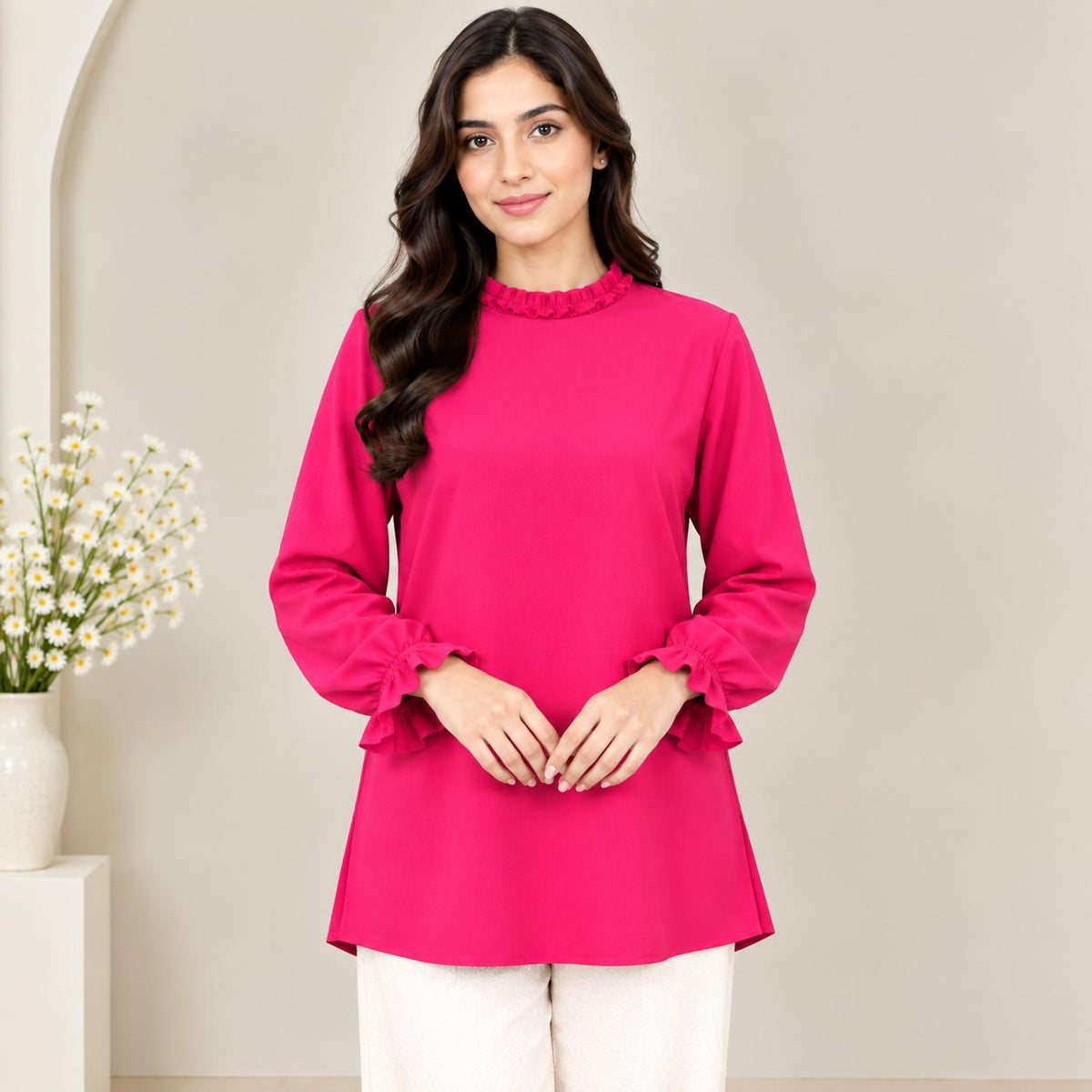 LYANA Ruffle Blouse – Blouse Wanita Leher Ropol Lengan Panjang Zip Belakang – Modest Fashion Muslimah