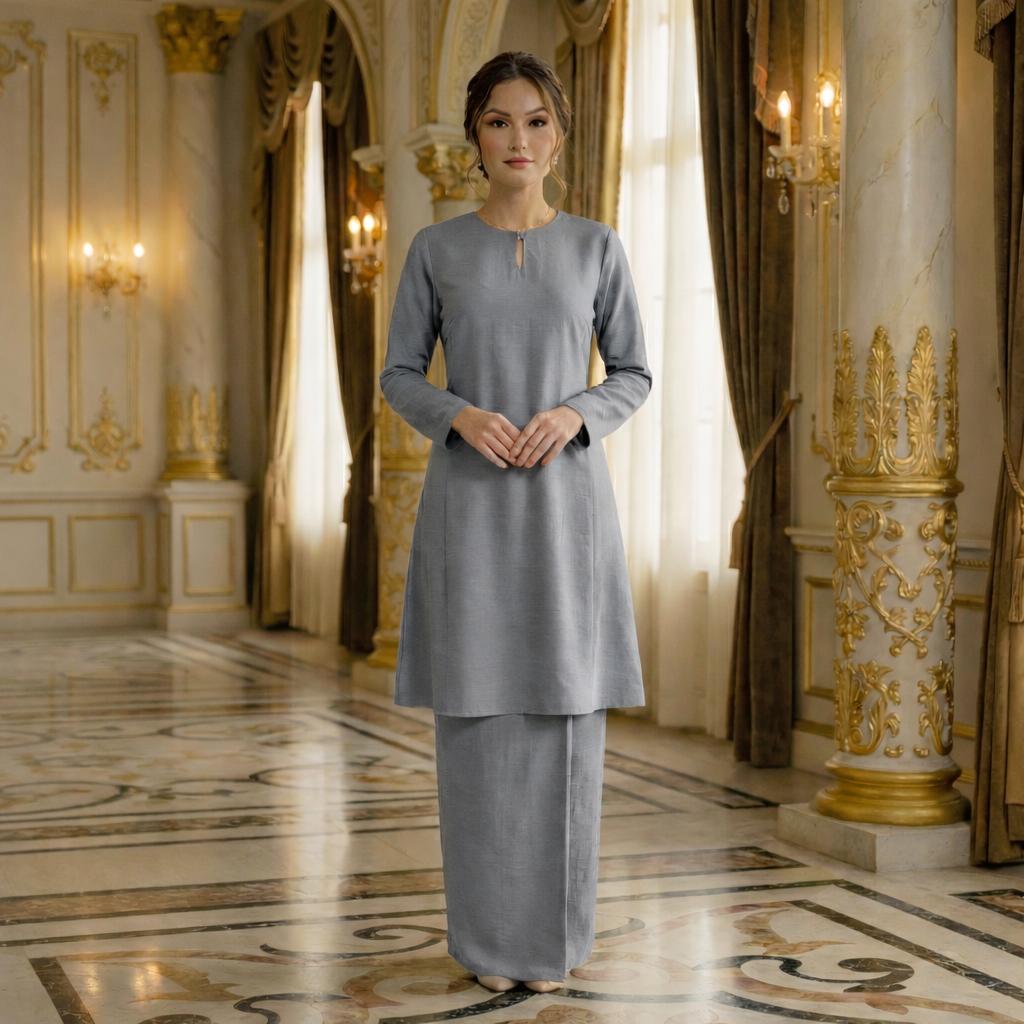 Baju Kurung Pahang Berpesak Material Cotton Plain (Light Grey)