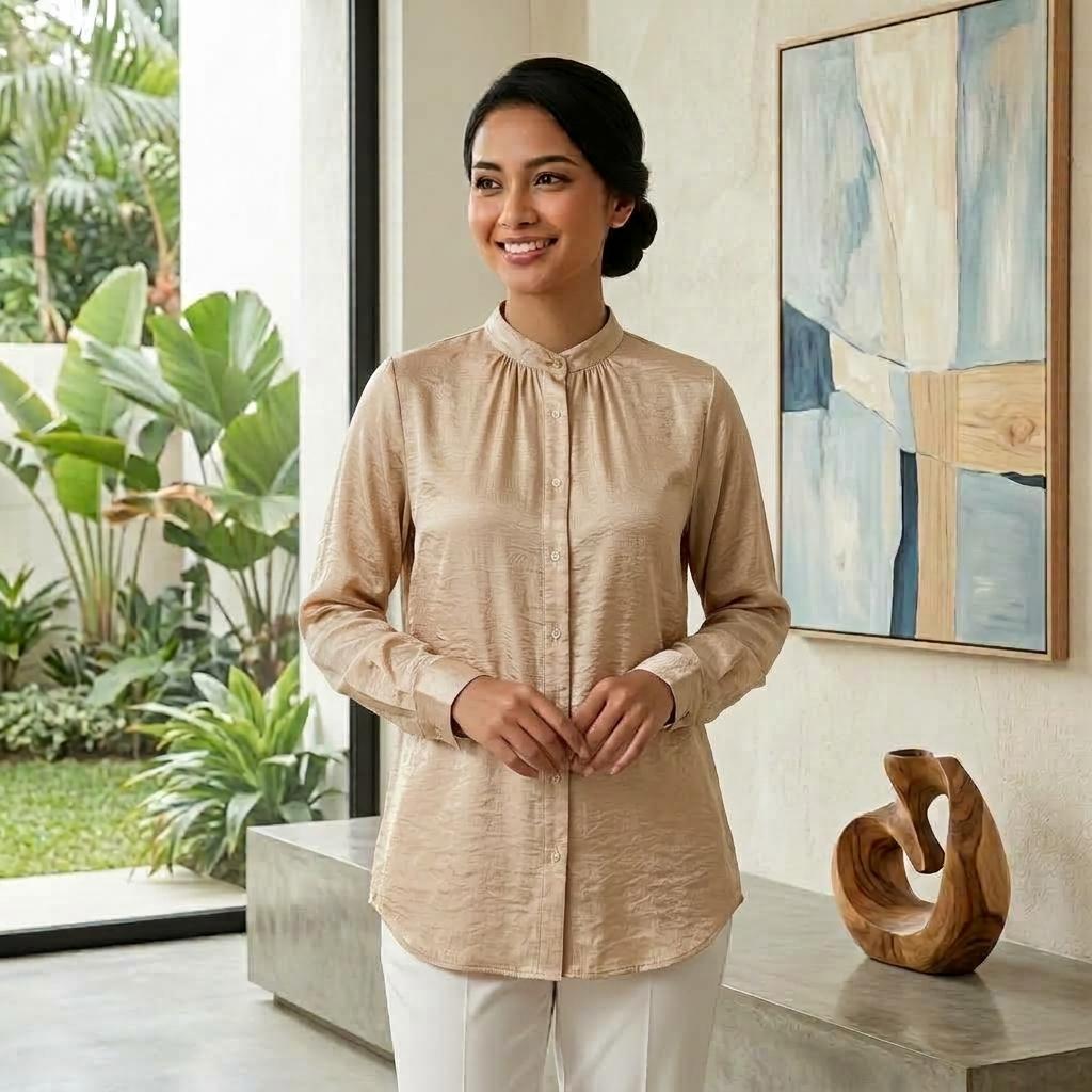 Lovito Elegant Blouse Button - Blouse Muslimah Ironless Vallisse Satin - Labuh Longgar Moden Casual Office Daily Wear