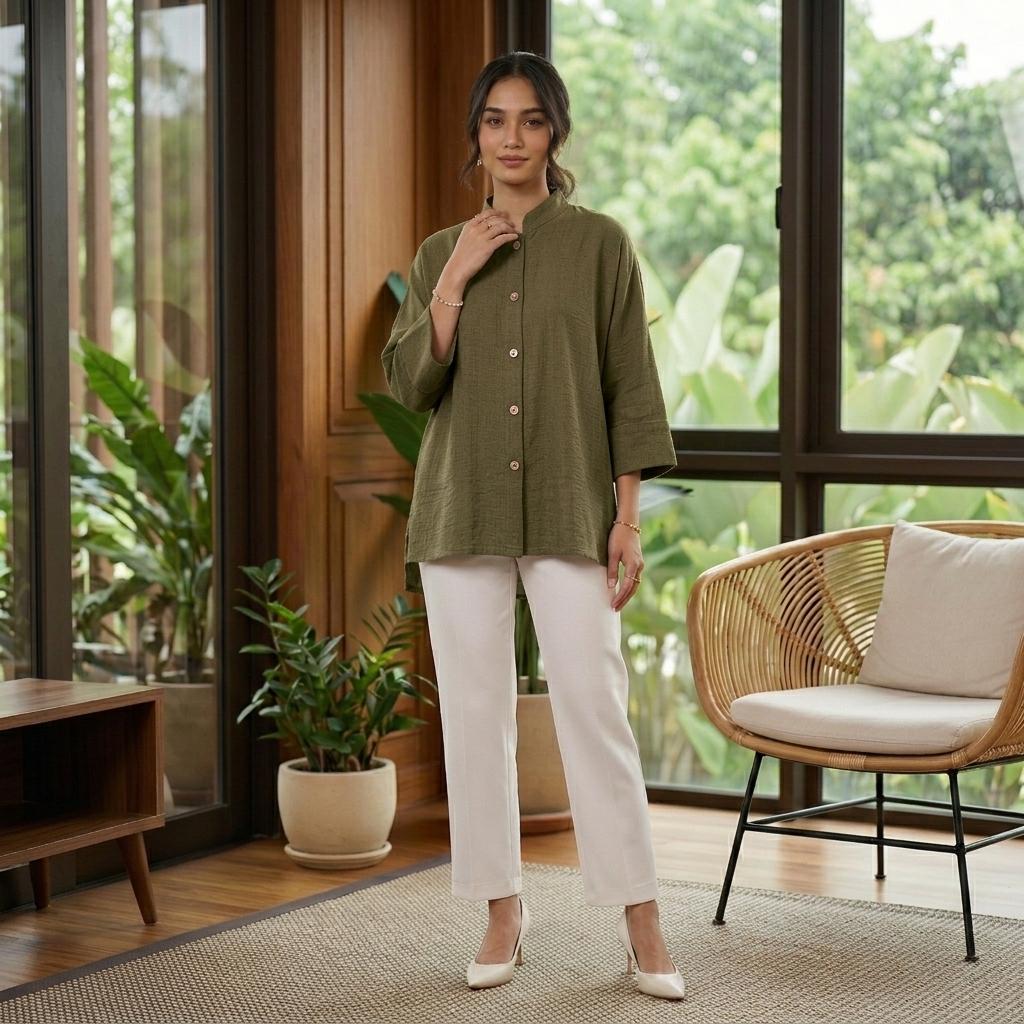 AERIN Blouse Free Size - Cotton Linen 3/4 Sleeve With Wooded Button Fashion Wanita Muslimah