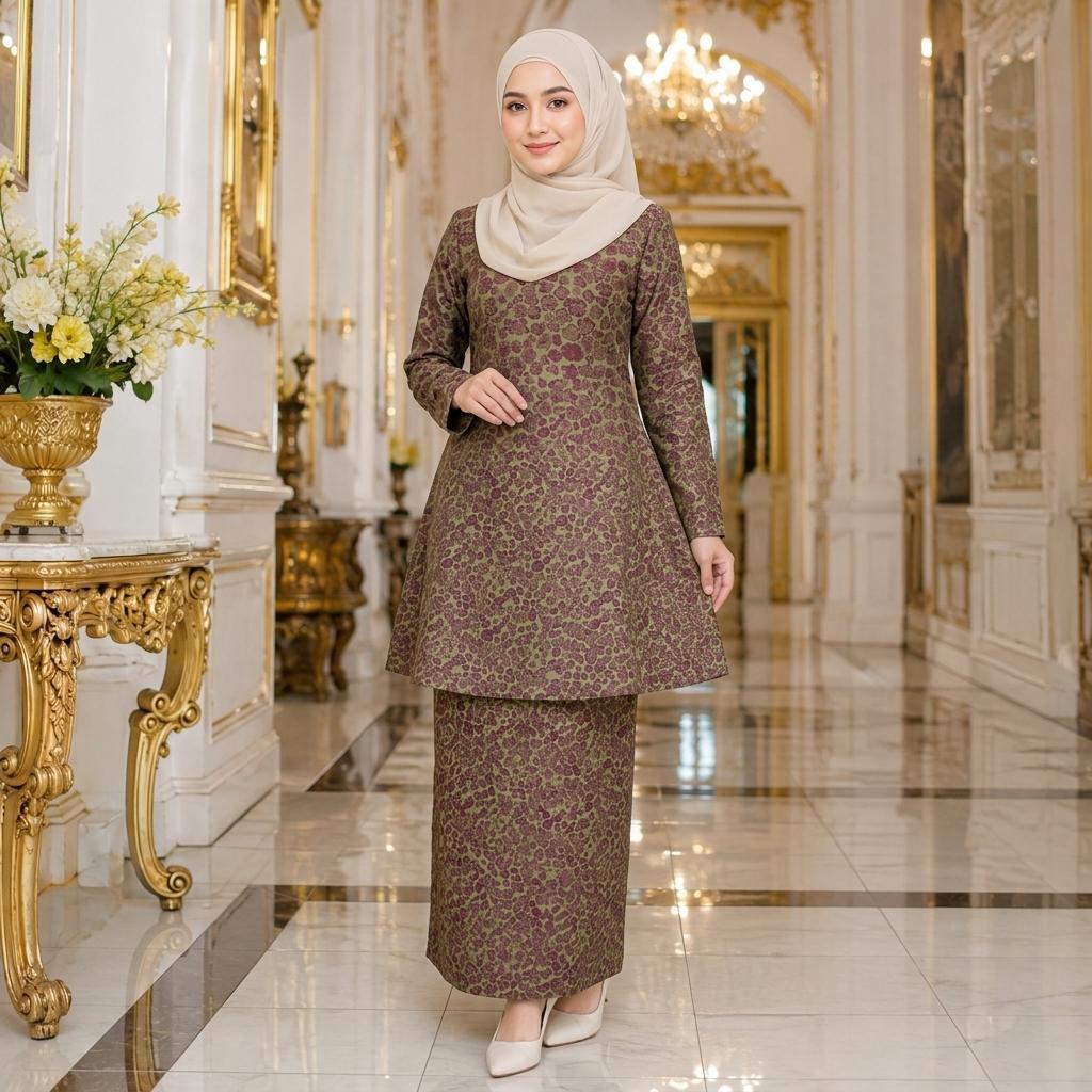 Ayu Lestari Kurung Riau - Vellore Brocade Floral - Kain Kipas Belakang - Fashion Wanita Muslimah