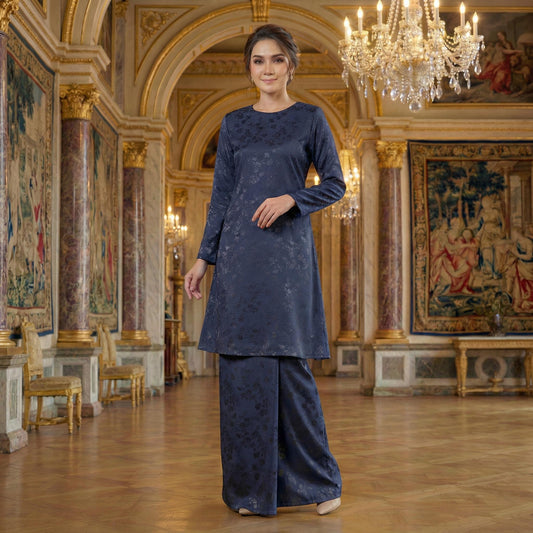 Asyana Kurung Riau Royal Satin Embossed Flowers (Navy Blue)