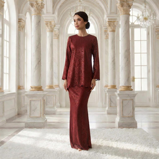 Aryana  Mini Kurung Royal Satin Dot Embossed (Maroon)