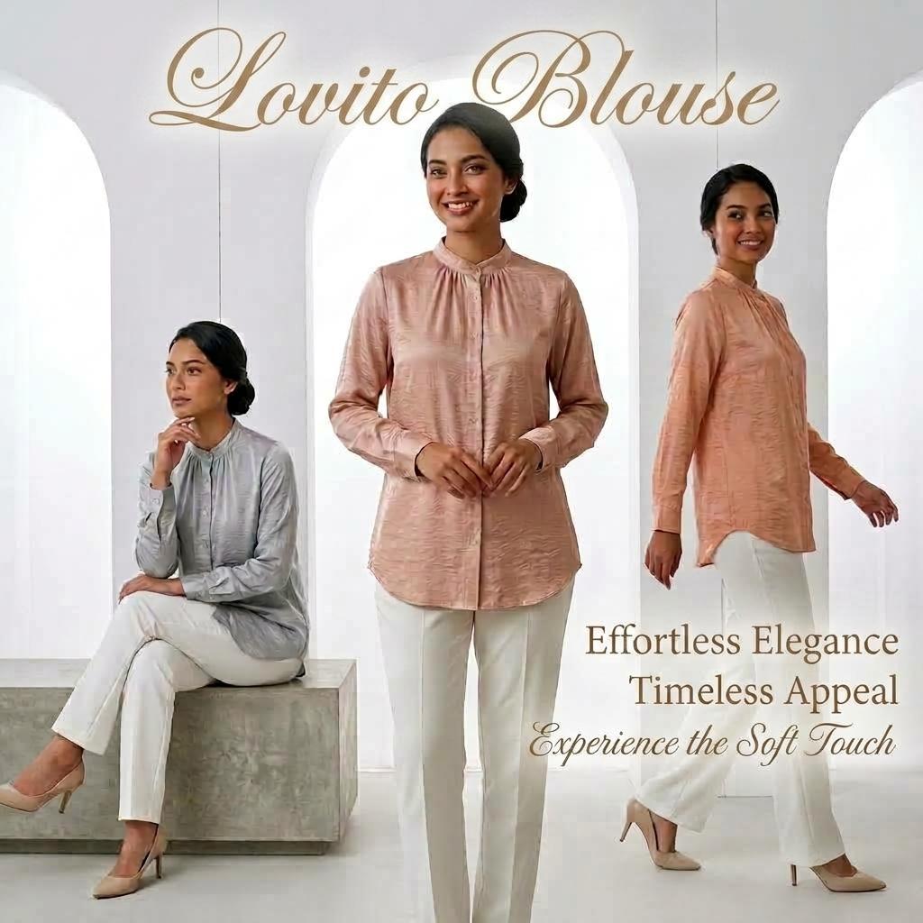 Lovito Elegant Blouse Button - Blouse Muslimah Ironless Vallisse Satin - Labuh Longgar Moden Casual Office Daily Wear