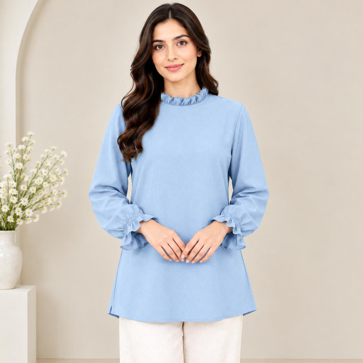 LYANA Ruffle Blouse – Blouse Wanita Leher Ropol Lengan Panjang Zip Belakang – Modest Fashion Muslimah