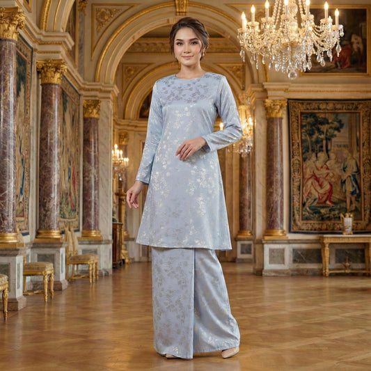 Asyana Kurung Riau Royal Satin Embossed Flowers (Baby Blue)