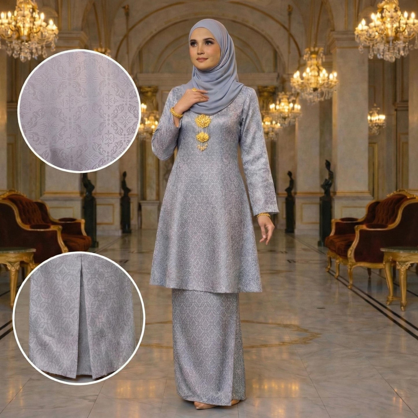 Riau Ayu Lestari Princess Satin Songket Embossed (Silver)