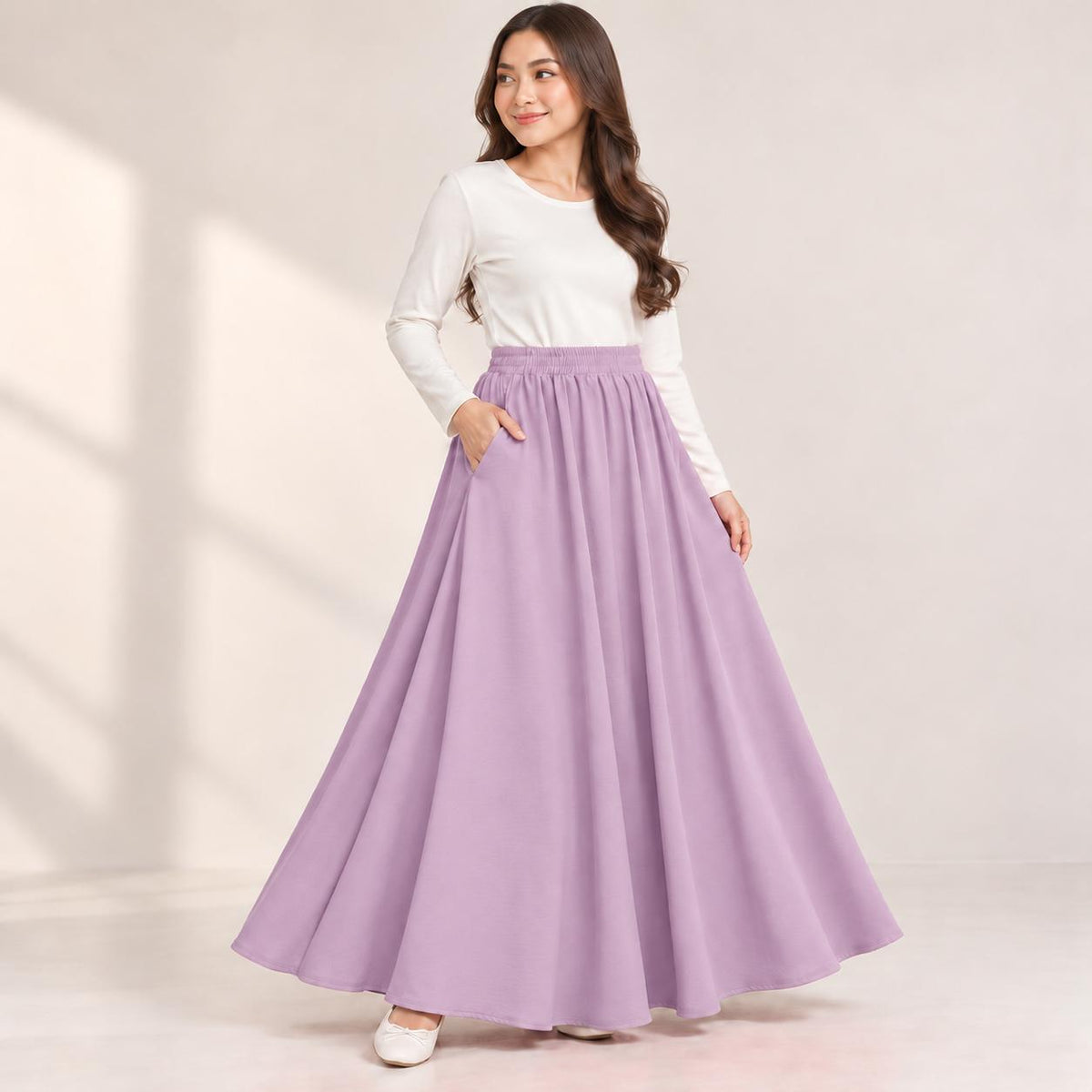 AINA Maxi Skirt – Skirt Labuh Kembang Pinggang Getah – Long Flowy Skirt Modest Fashion Wanita Muslimah