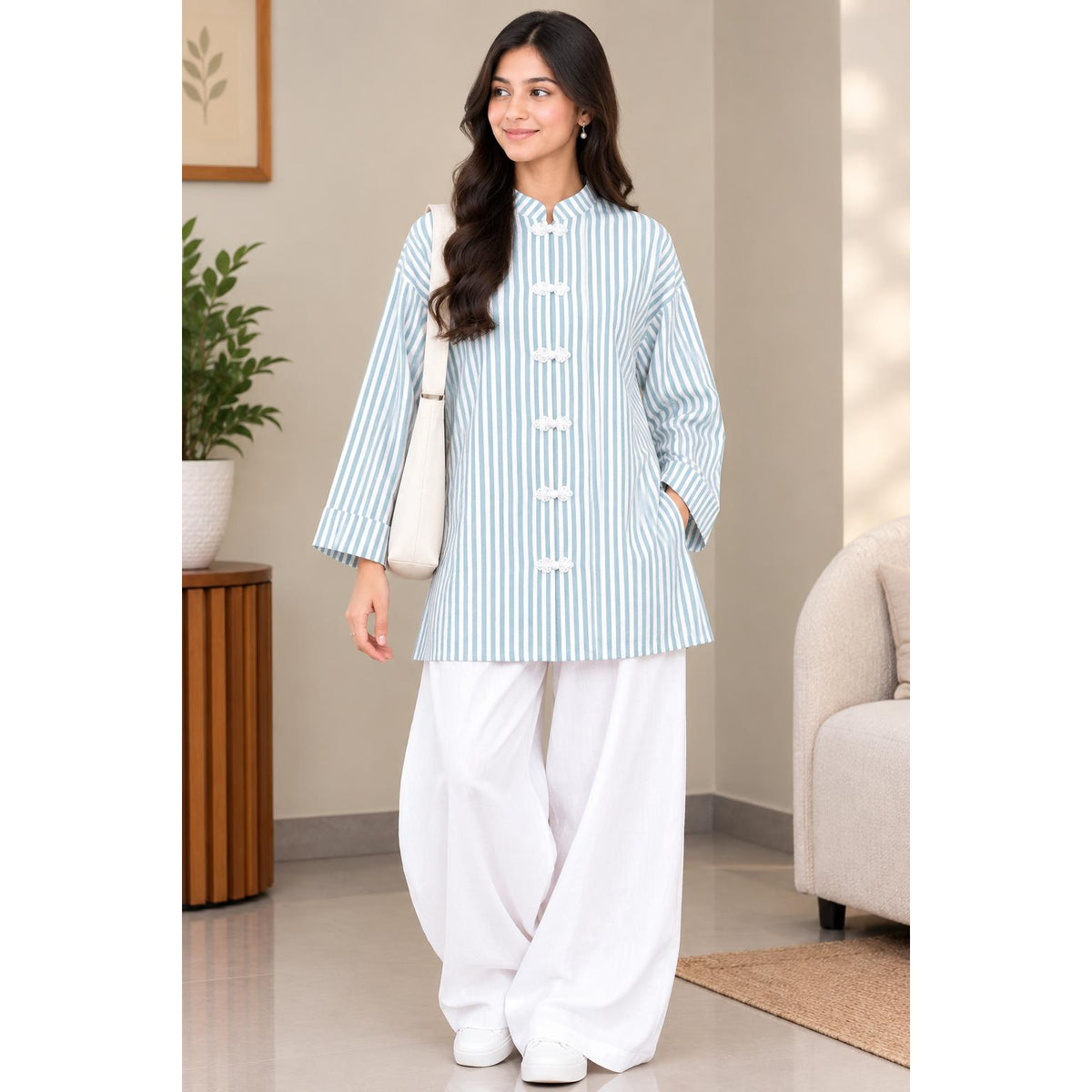 AYLIN Mandarin Blouse Cotton Line - Butang Sulam - Long Sleeve Mandrin Kolar - Modest Fashion Wanita Muslimah