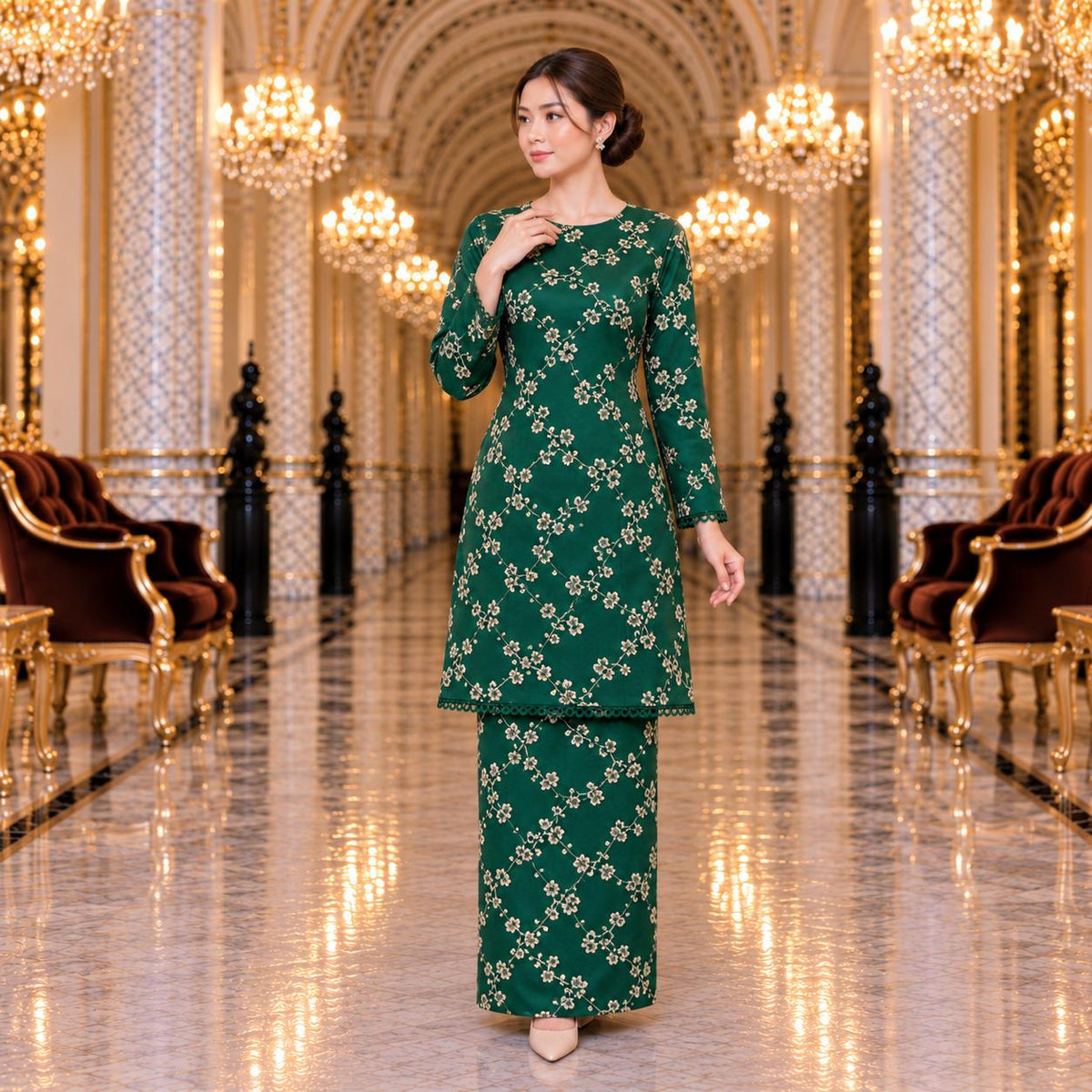 SEROJA Kurung Riau Floral – Baju Kurung Wanita Lace Lengan Panjang Kain Kipas Belakang – Modest Fashion Muslimah