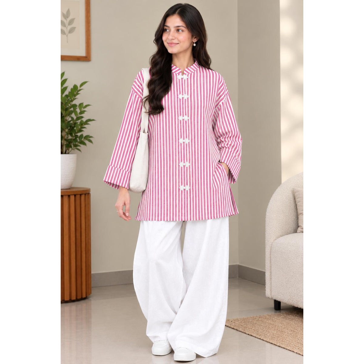 AYLIN Mandarin Blouse Cotton Line - Butang Sulam - Long Sleeve Mandrin Kolar - Modest Fashion Wanita Muslimah