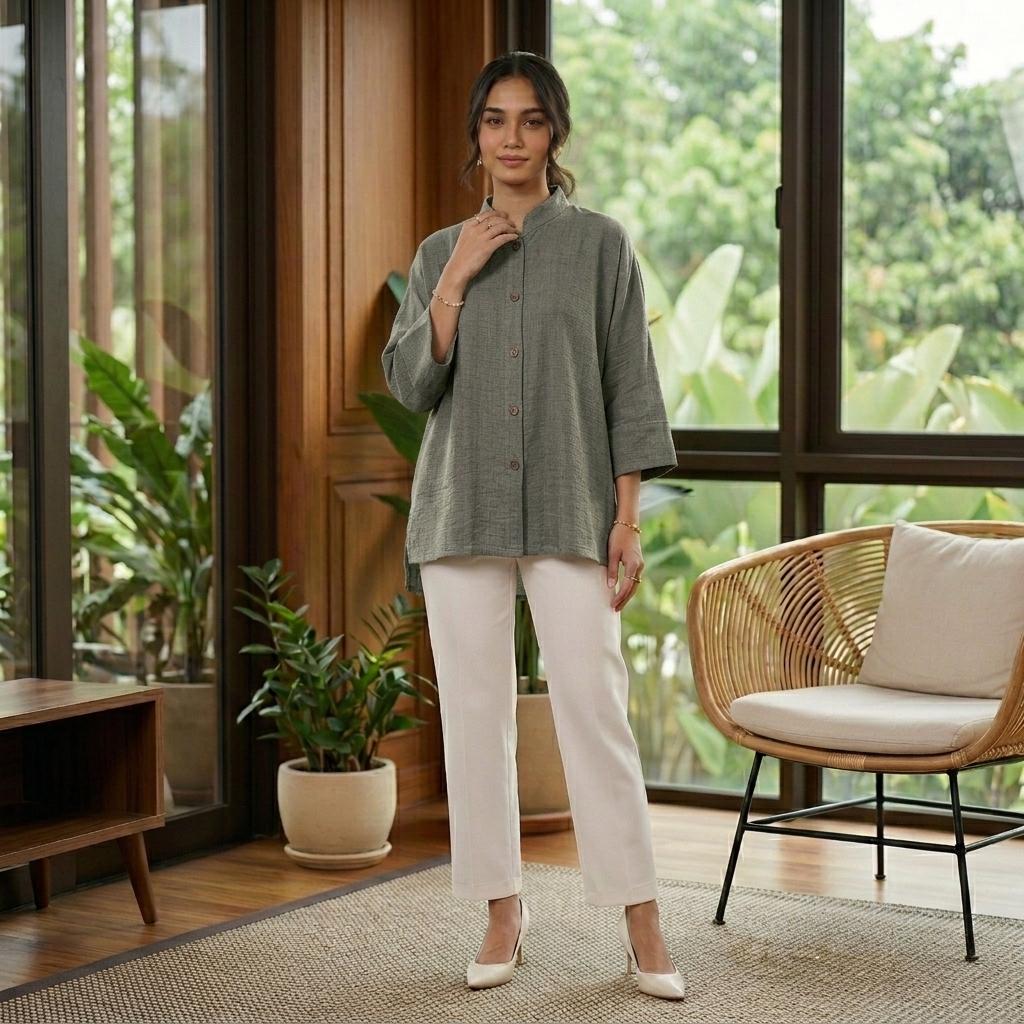 AERIN Blouse Free Size - Cotton Linen 3/4 Sleeve With Wooded Button Fashion Wanita Muslimah
