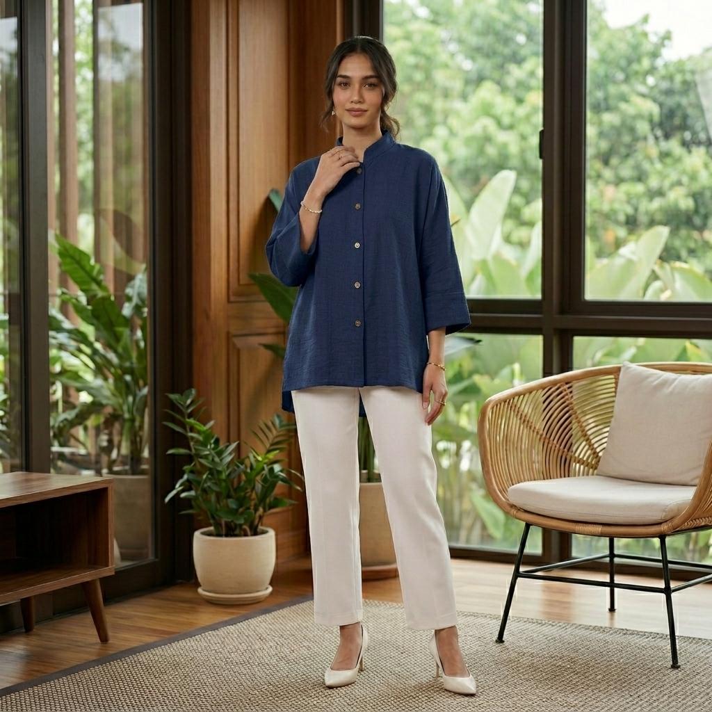 AERIN Blouse Free Size - Cotton Linen 3/4 Sleeve With Wooded Button Fashion Wanita Muslimah