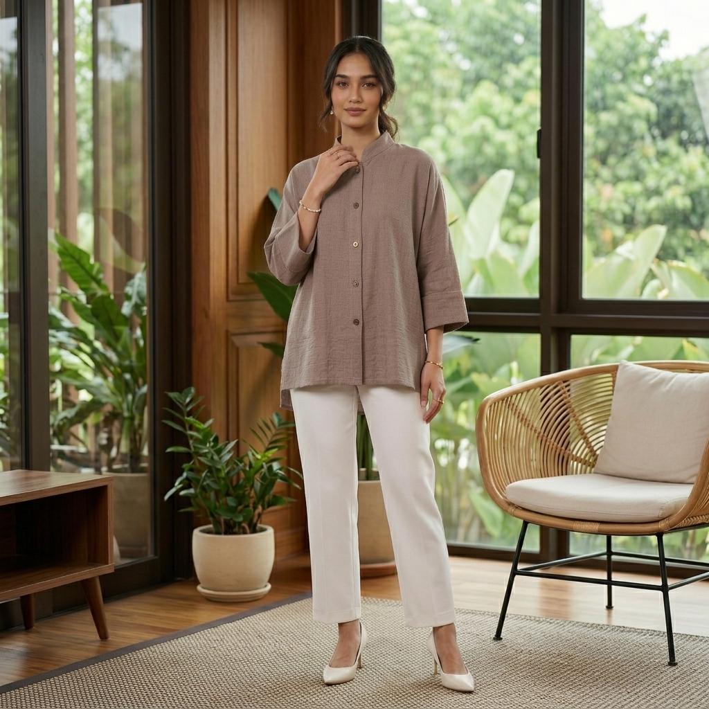 AERIN Blouse Free Size - Cotton Linen 3/4 Sleeve With Wooded Button Fashion Wanita Muslimah