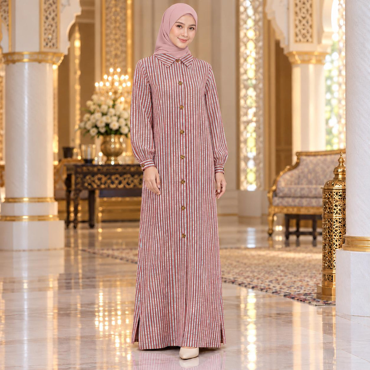 ALEENA Jubbah Stripe Button Collared - Jubah Kemeja Jalur Butang Hadapan Lengan Panjang - Modest Fashion Wanita Muslimah