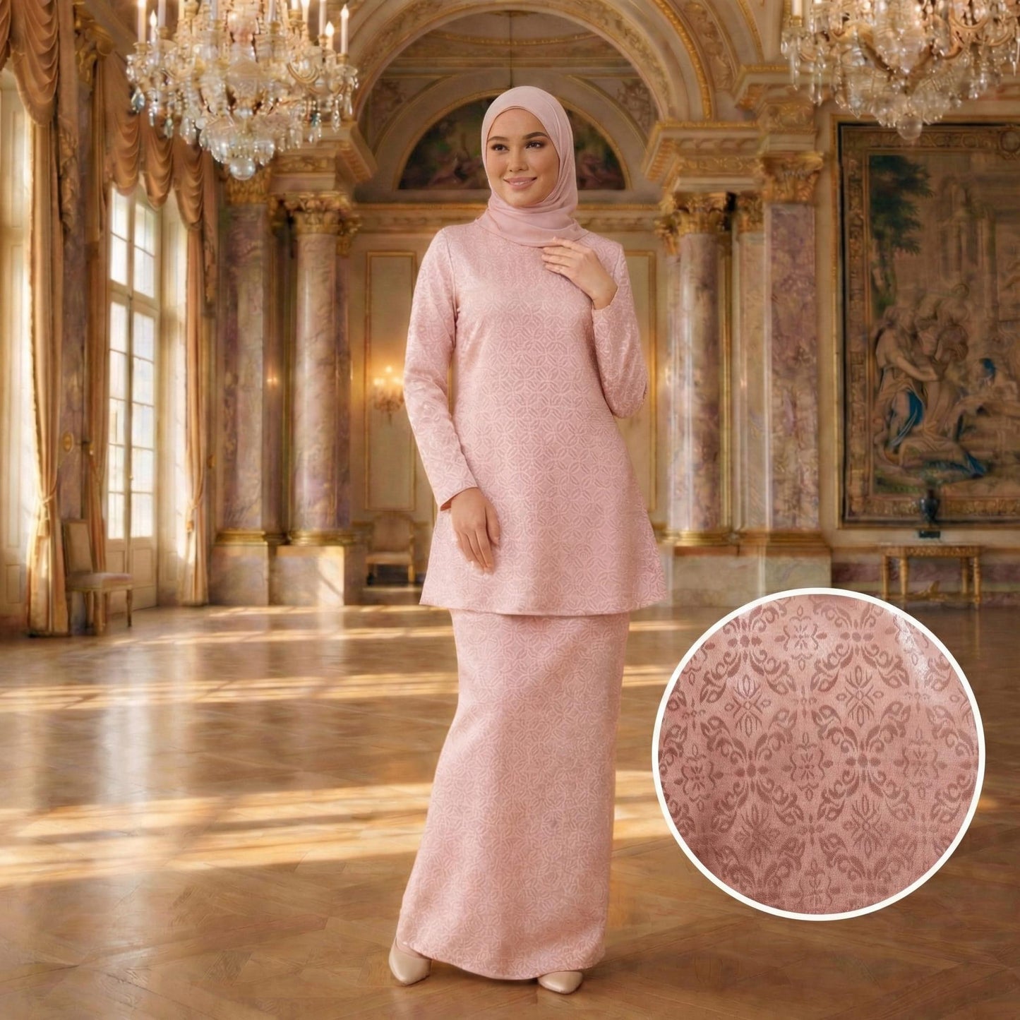 Amara Dolly Princess Satin Songket Embossed (Soft Pink)