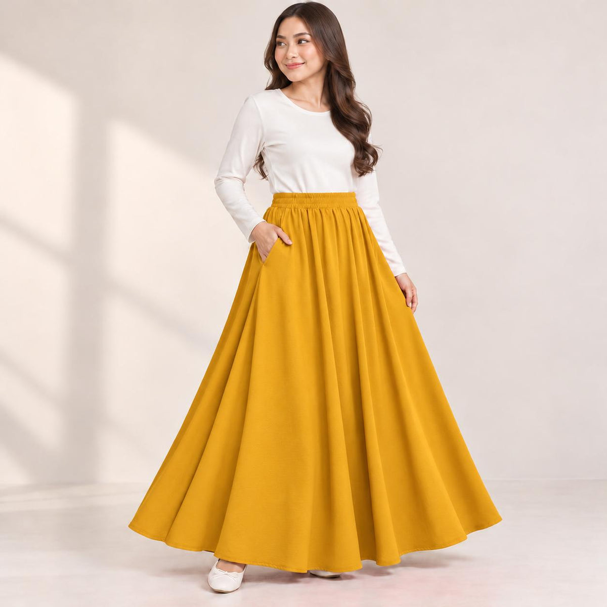 AINA Maxi Skirt – Skirt Labuh Kembang Pinggang Getah – Long Flowy Skirt Modest Fashion Wanita Muslimah