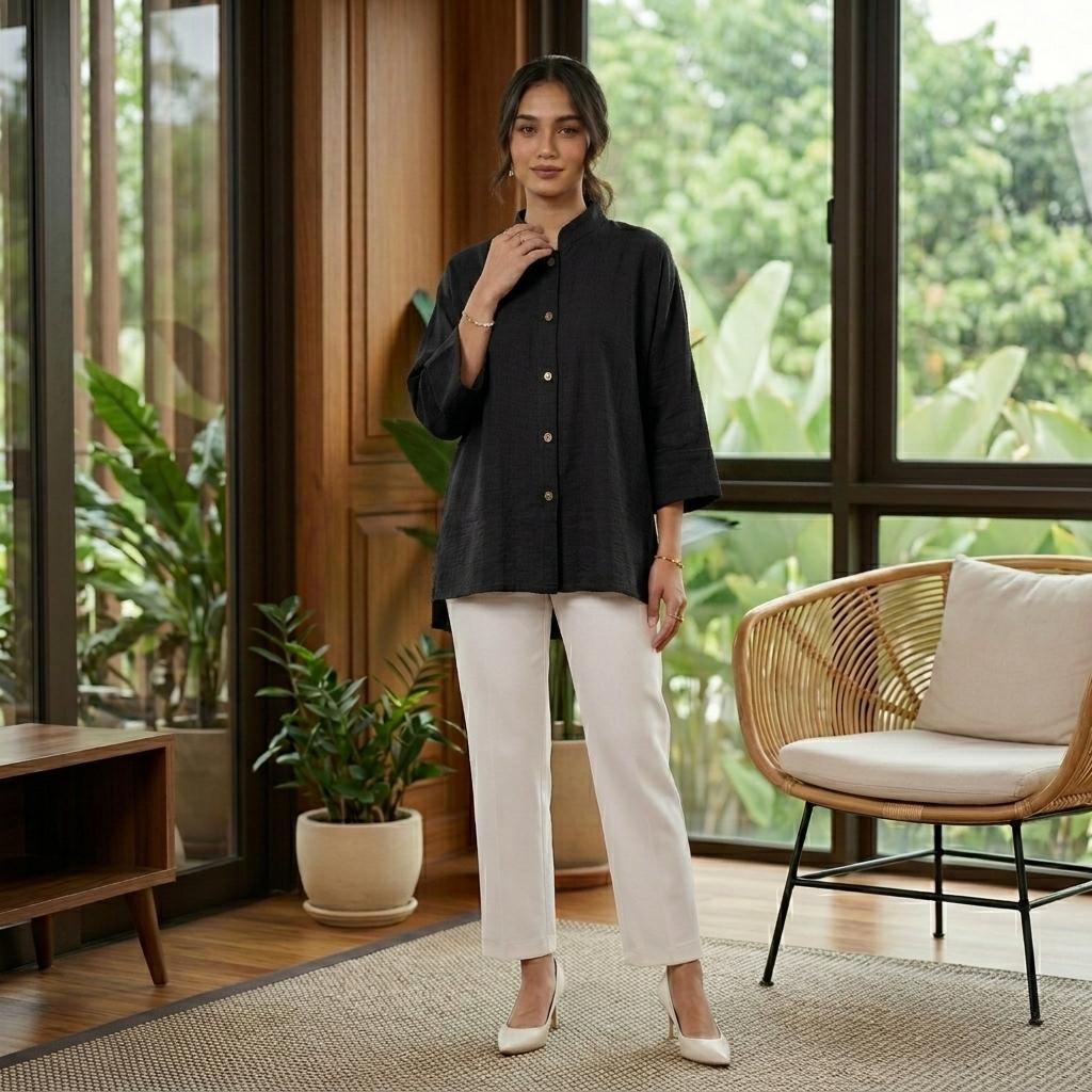 AERIN Blouse Free Size - Cotton Linen 3/4 Sleeve With Wooded Button Fashion Wanita Muslimah