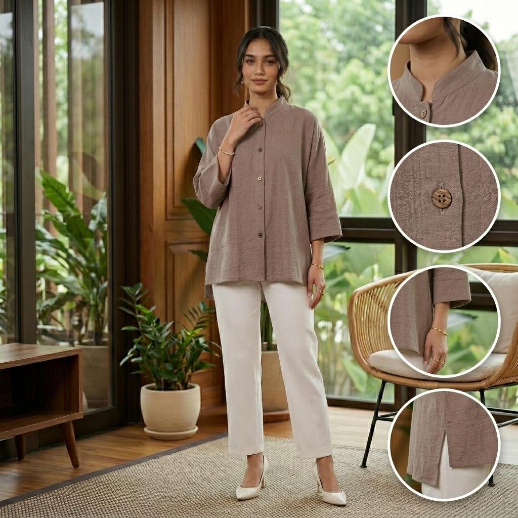 AERIN Blouse Free Size - Cotton Linen 3/4 Sleeve With Wooded Button Fashion Wanita Muslimah