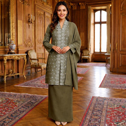 Kebaya Labuh Jamilah Cotton Embroidery (Olive Green)