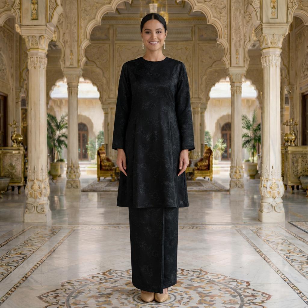 Sri Ratna Kurung Riau Royal Satin Embossed (Black)
