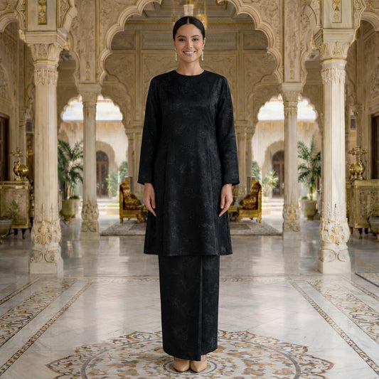 Sri Ratna Kurung Riau Royal Satin Embossed (Black)
