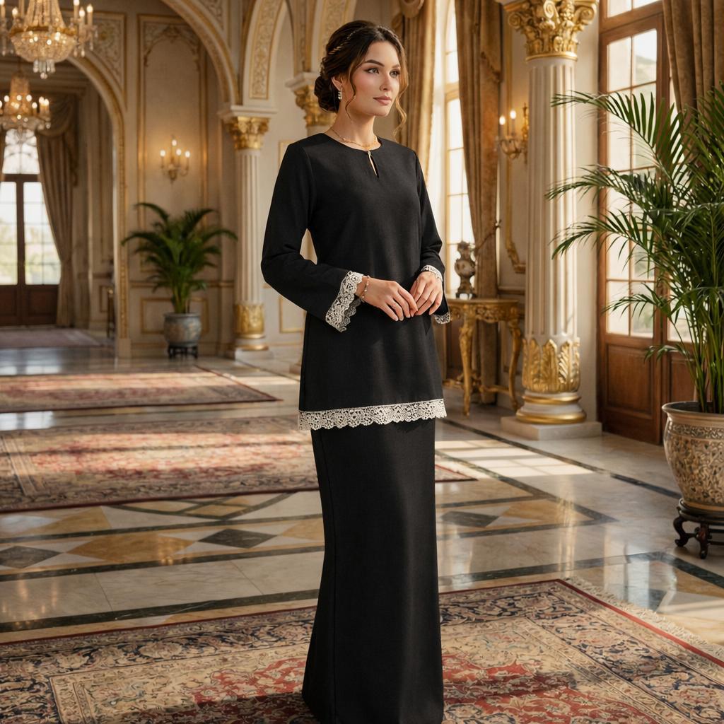Kurung Kedah Classic Aira Cotton Lace (Black)
