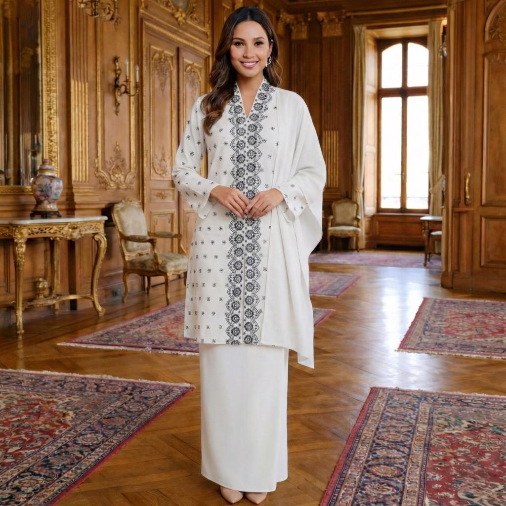 Kebaya Labuh Jamilah Cotton Embroidery (White)