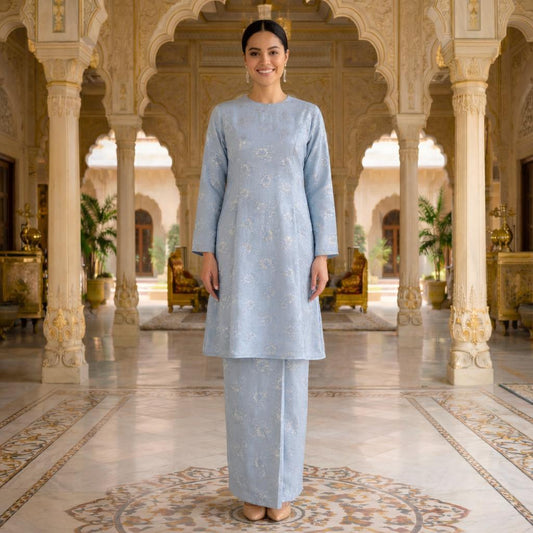 Sri Ratna Kurung Riau Royal Satin Embossed (Baby Blue)