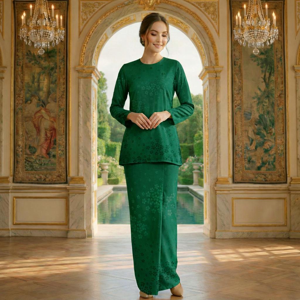 Valansia Mini Kurung Royal Satin Embossed (Emerald Green)