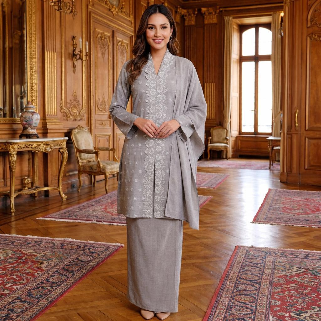 Kebaya Labuh Jamilah Cotton Embroidery (Silver)