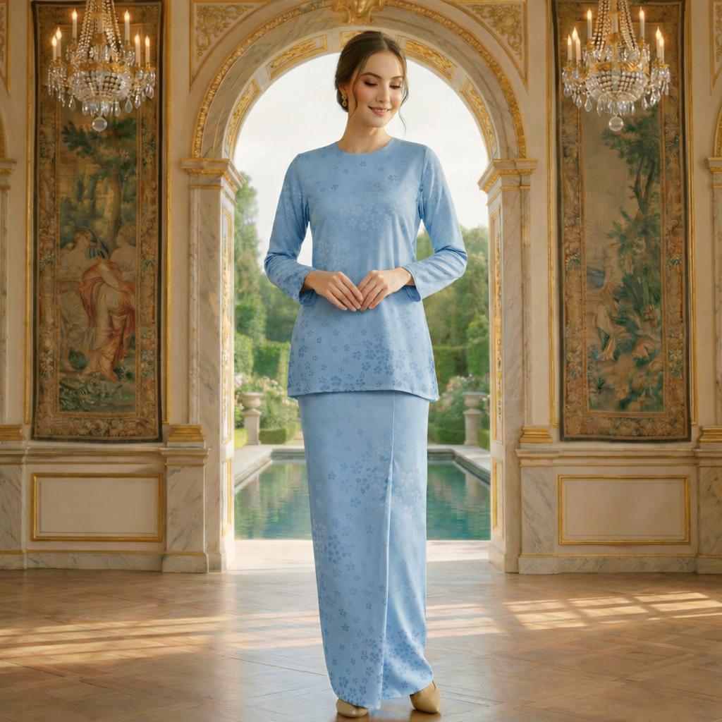 Valansia Mini Kurung Royal Satin Embossed (Baby Blue)