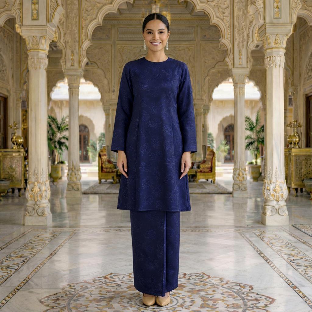 Sri Ratna Kurung Riau Royal Satin Embossed (Navy Blue)