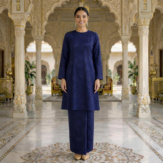 Sri Ratna Kurung Riau Royal Satin Embossed (Navy Blue)