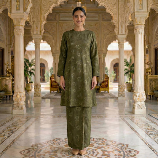 Sri Ratna Kurung Riau Royal Satin Embossed (Seaweed)