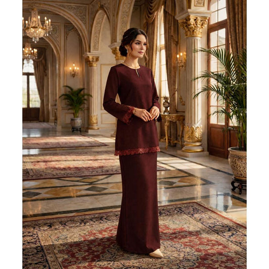 Kurung Kedah Classic Aira Cotton Lace (Maroon)