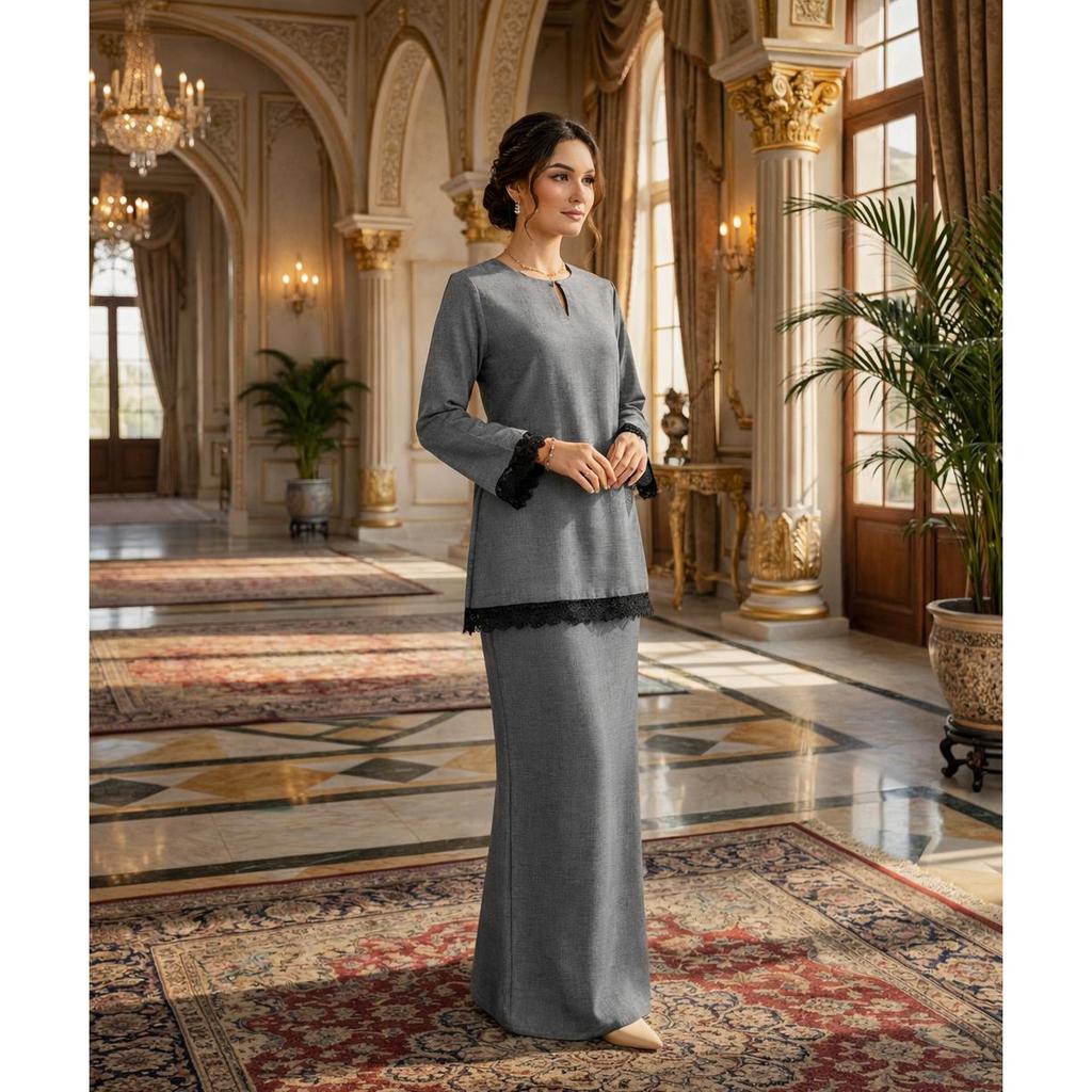 Kurung Kedah Classic Aira Cotton Lace (Grey)