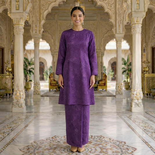 Sri Ratna Kurung Riau Royal Satin Embossed (Dark Purple)