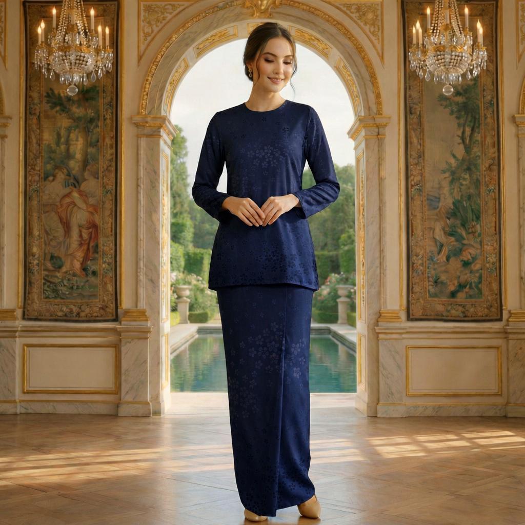 Valansia Mini Kurung Royal Satin Embossed (Navy Blue)