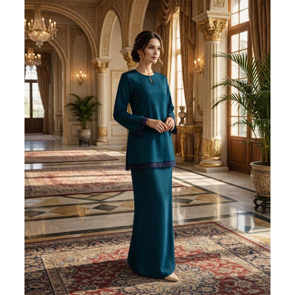 Kurung Kedah Classic Aira Cotton Lace (Teal Blue)