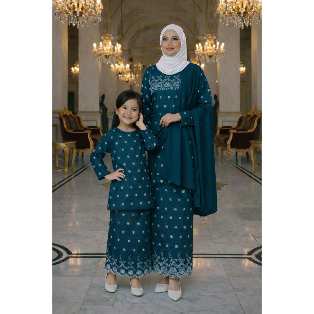 Elora Kurung Moden Mom Cotton Embroidery (Teal Blue)