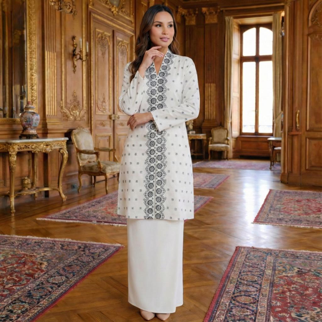 Kebaya Labuh Jamilah Cotton Embroidery (White)