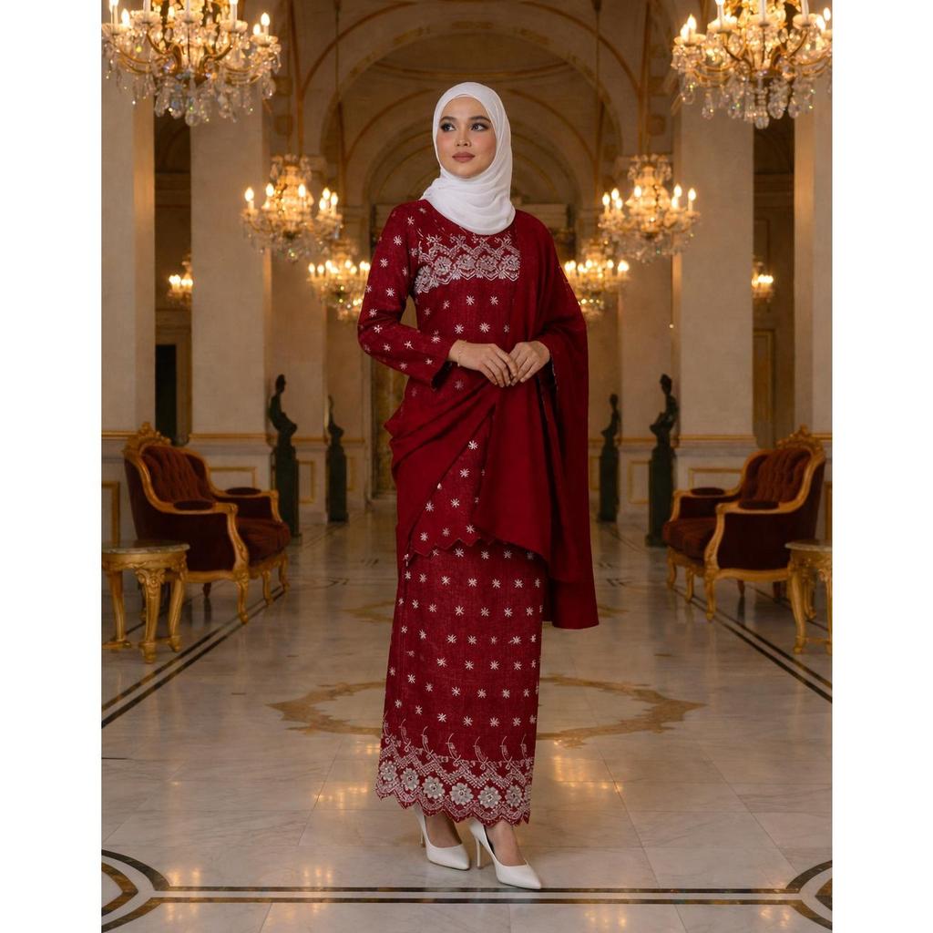Elora Kurung Moden Mom Cotton Embroidery (Maroon)