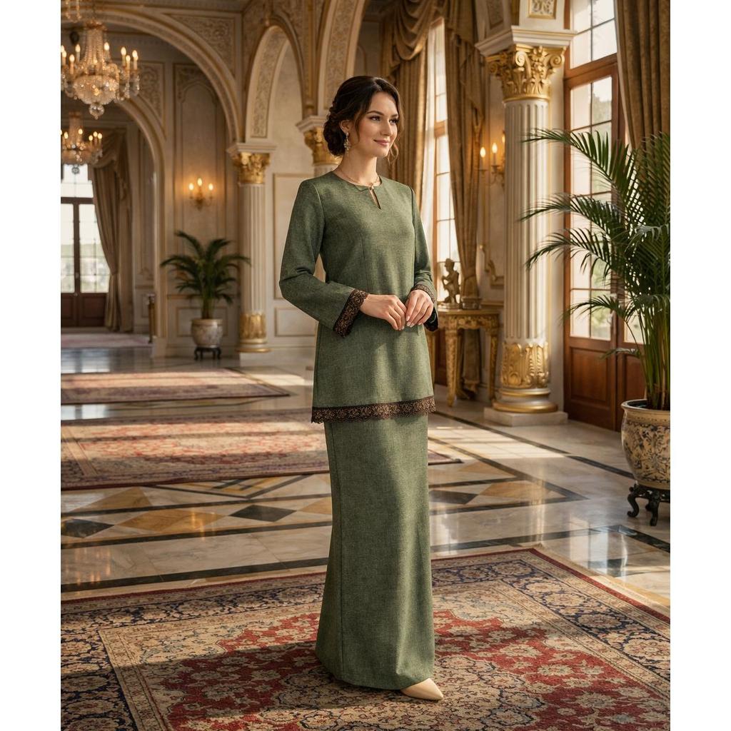 Kurung Kedah Classic Aira Cotton Lace (Moss Green)