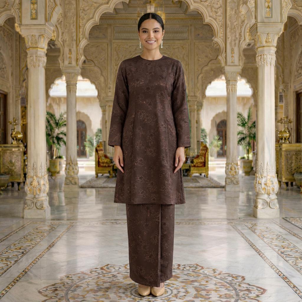 Sri Ratna Kurung Riau Royal Satin Embossed (Rich Brown)