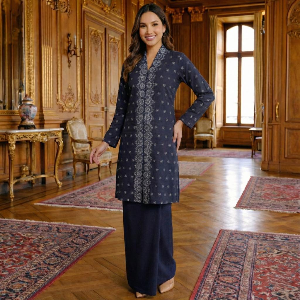 Kebaya Labuh Jamilah Cotton Embroidery (Navy Blue)