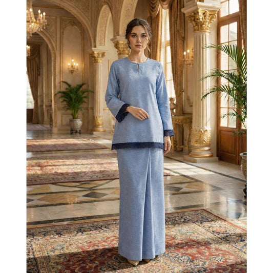 Kurung Kedah Classic Aira Cotton Lace (Teal Blue)