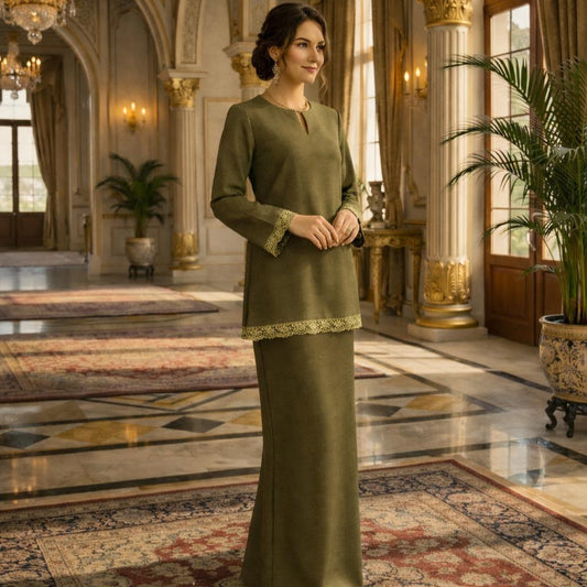 Kurung Kedah Classic Aira Cotton Lace (Olive Green)