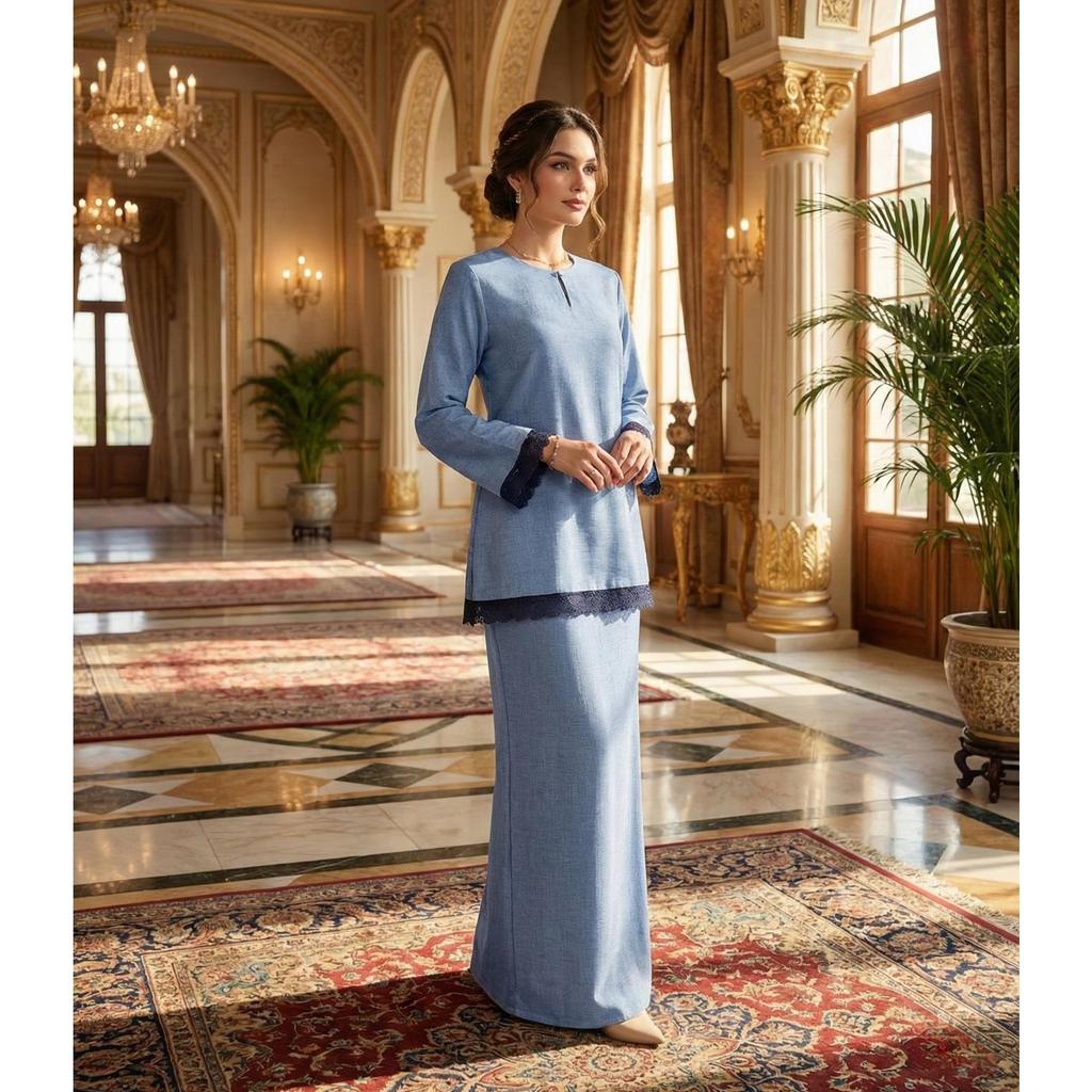 Kurung Kedah Classic Aira Cotton Lace (Ash Blue)